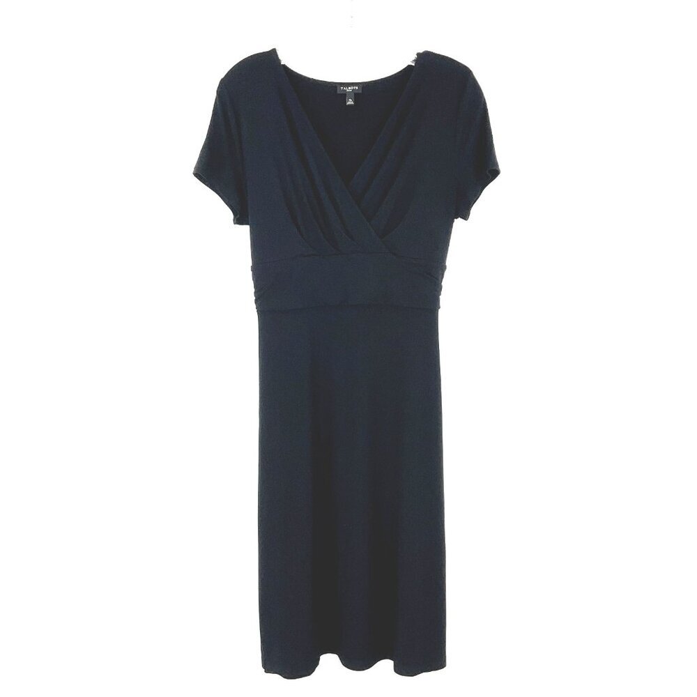 Talbots‎ Dress Women M Petite Black V-Neck Ruched Waist Short Sleeve Tie